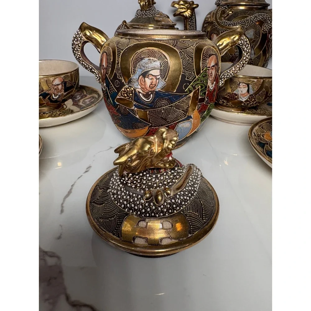 Vintage Japanese Satsuma Moriage Dragon Tea Set‎ Hand Painted Gold Gilt 11pc